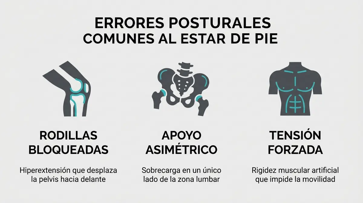 Esquema de errores posturales comunes al estar de pie que provocan dolores de espalda baja.
