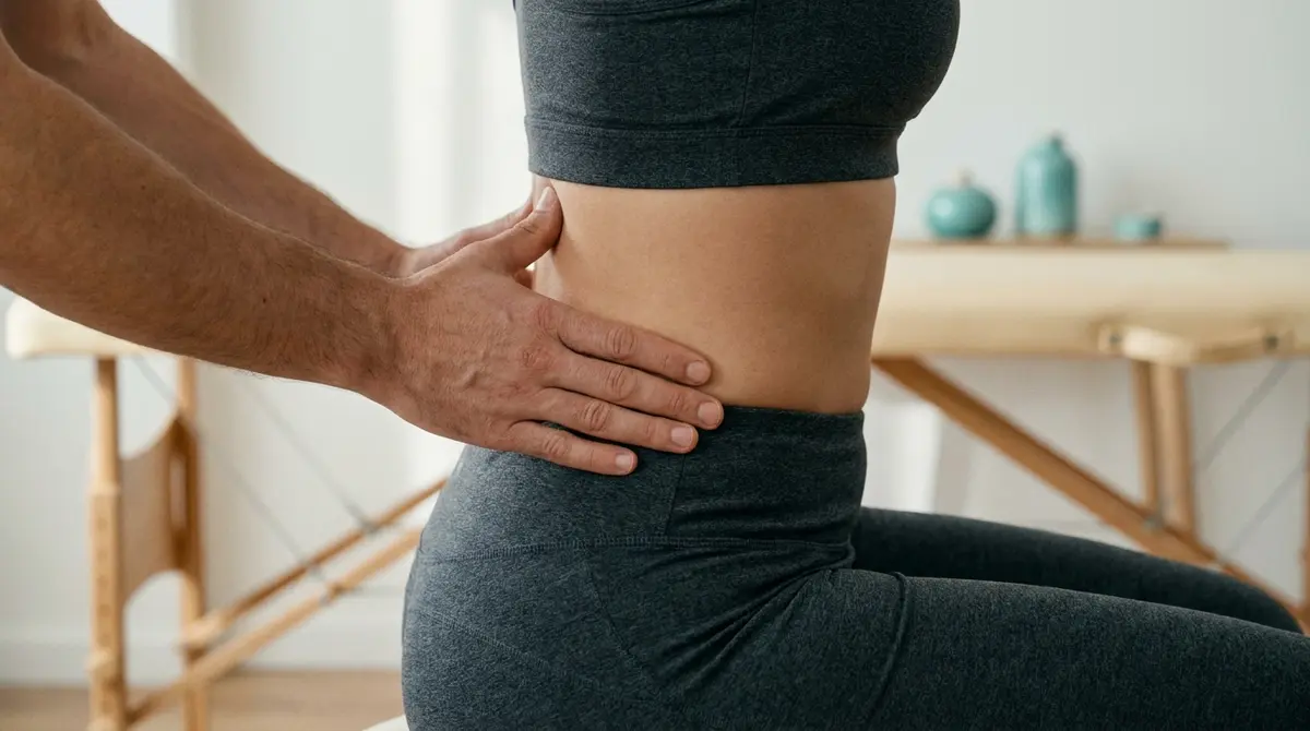 Primer plano de tratamiento manual de fisioterapia en la cadera y pelvis de un paciente para aliviar el dolor lumbar.
