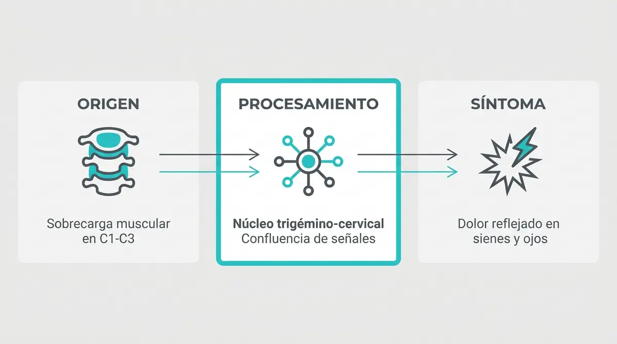 Diagrama del proceso neurológico donde confluyen la tensión del cuello y el dolor de cabeza en el núcleo trigémino-cervical.