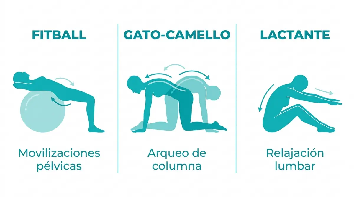 Esquema infográfico de los tres ejercicios recomendados para aliviar la sobrecarga lumbar gestacional.