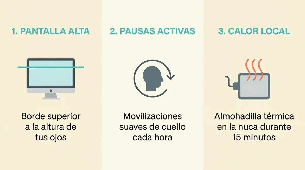 Guía visual de tres hábitos saludables para prevenir la tensión cervical en el trabajo de oficina.