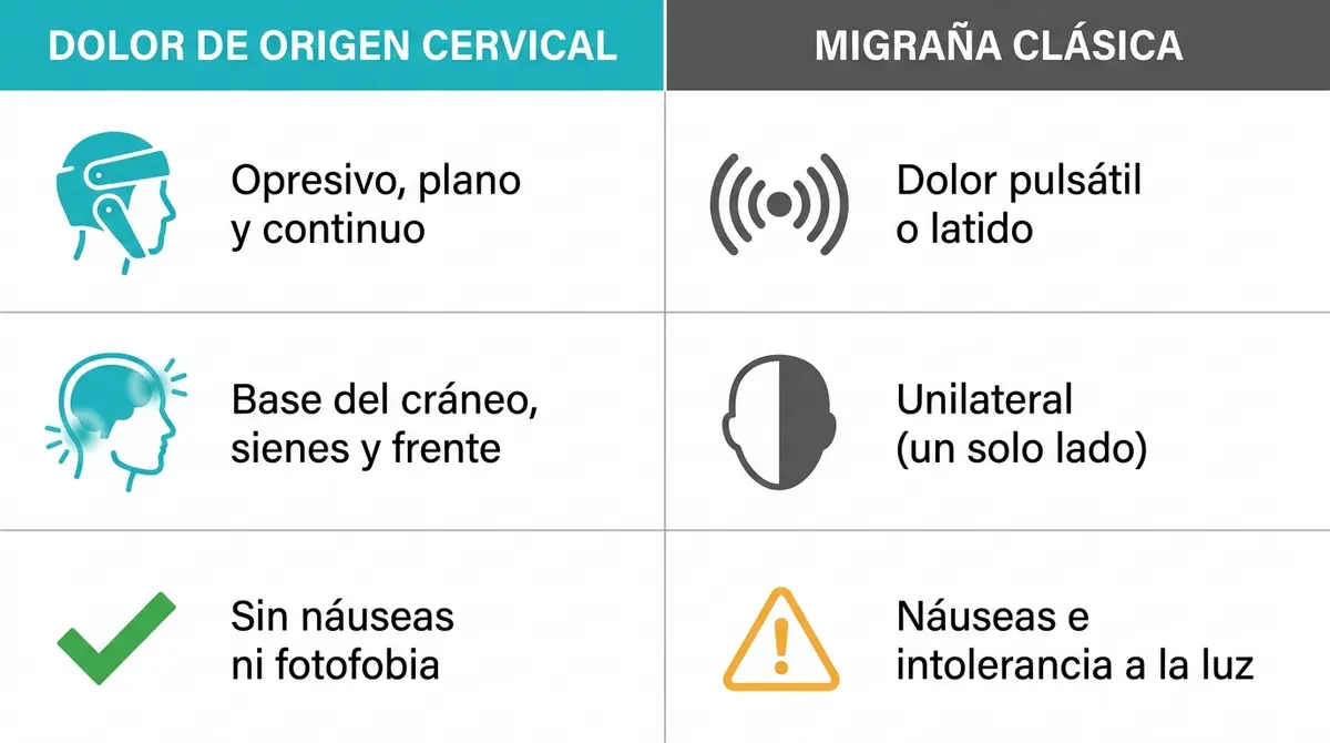 Tabla comparativa entre el dolor de cabeza de origen cervical y la migraña clásica con sus síntomas diferenciales.