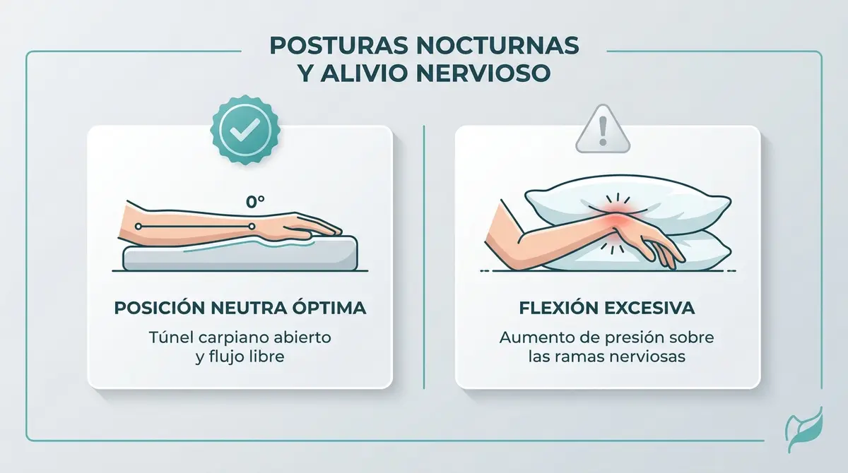 Comparativa visual de higiene postural nocturna entre muñeca neutra y muñeca flexionada bajo la almohada
