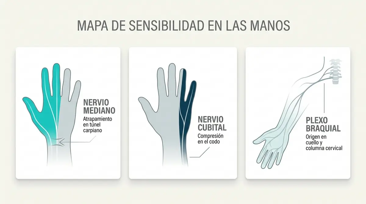 Esquema visual que muestra la distribución de adormecimiento en los dedos según el nervio mediano o cubital
